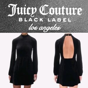 Juicy Couture Black Label Pitch Black Stretch Velour Mock Neck Babydoll Dress